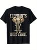 Plus Size Funny Elephant T-Shirt- My Soul Animal Vintage T-Shirt- Black Base with Large Golden Beige Flowers- Unisex Sof