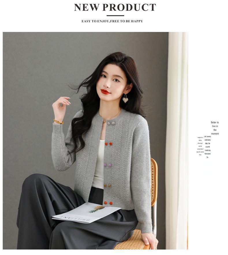 Women's Wool Knit Cardigan - Autumn 2025, Round Neck, Colorful Buttons, Short Sweater Coat