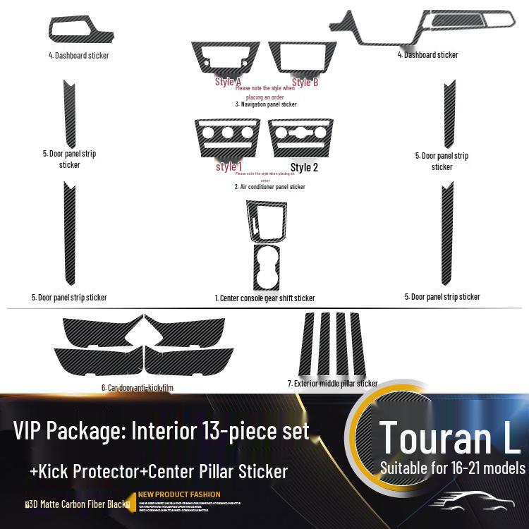 Carbon Fiber Gear Shift and Door Wrap Stickers for 2016-2021 VW Touran Interior.