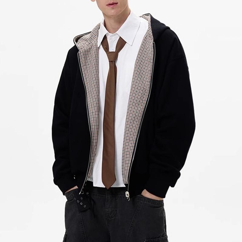 

Houndstooth Double-Sided Zip-Up Hoodie: Loose Fit, Unisex and Trendy for Spring & Autumn 2025 XL