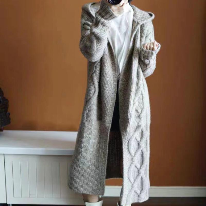 Autumn Winter Loose Knitted Women Hooded Long Sweater Coats Casual Korean Fashion Solid Color Elegant Jacket Twist Thick Cardigan Sweaters Clothing