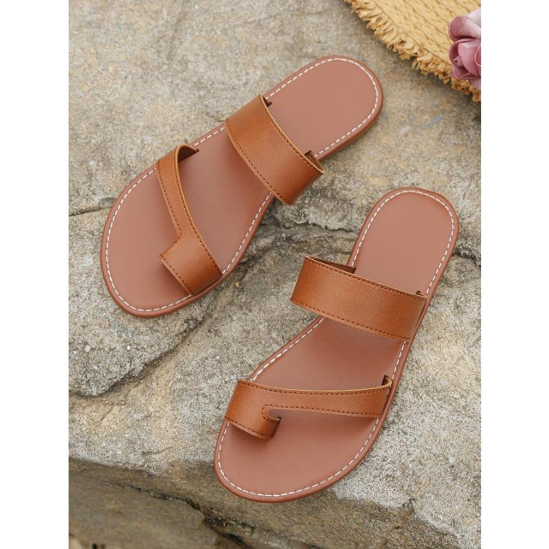 Large Size Slippers Women Summer Solid Color Round Head Set Toe Outer Wear Casual Flat Sandal Mop