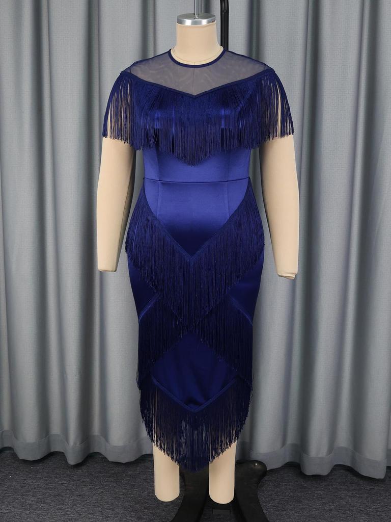 Plus Size European & American Sheer Tassel Evening Gown