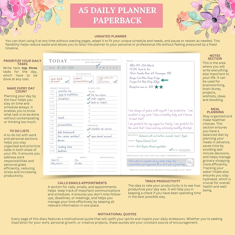 

LAURET BLANC Daily Planner Undated, Schedule Your Day, Manage To-Do List, Wellness Tracker, Plan for 80 Days, Paperback.