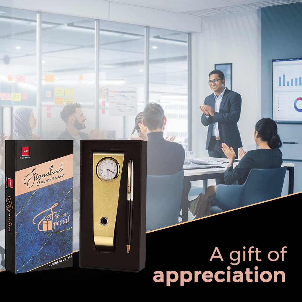 Cello Signature Rakshabandhan Gift Set with 1 Blue Ink Ball Pen & Golden Table Clock for Office & Home