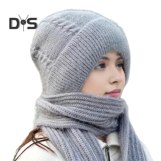 Pălărie de iarnă pentru femei cu eșarfă lungă integrată, groasă, tricotată, rezistentă la vânt, elasticitate ridicată, protecție completă, pentru călătorii în aer liber, șapcă vreme rece