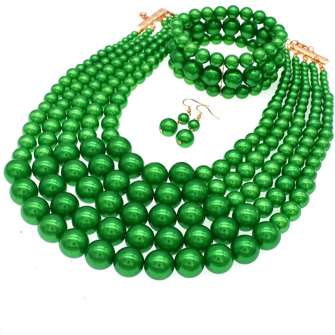 

Ожерелье из искусственного жемчуга для женщин, многорядный браслет и серьги, набор, бижутерия, аксессуары зелёный