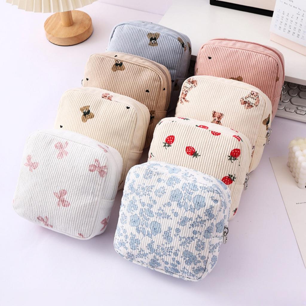 Small Makeup Bag for Purse Corduroy Cosmetic Bag for Women with Slip-in Pockets Travel Purse Essentials Lipstick Bag
