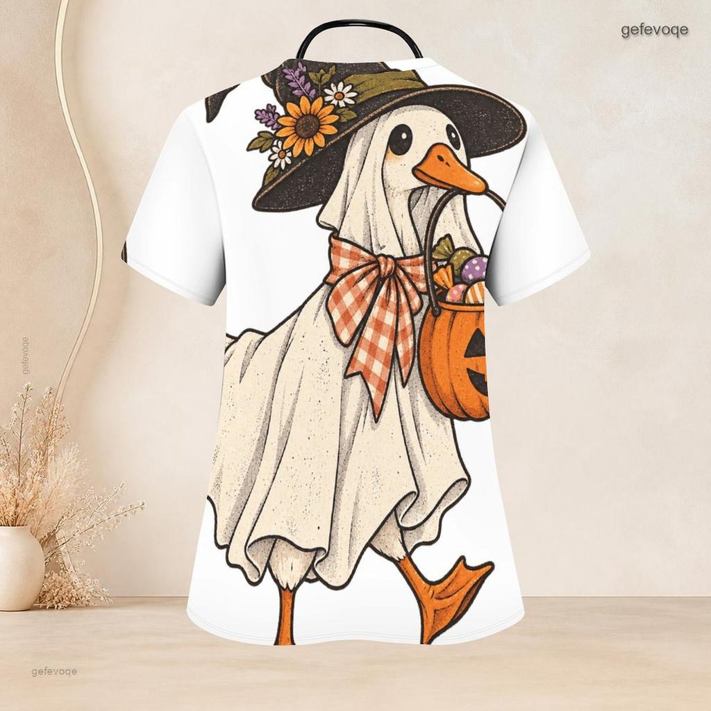 Women Plus Size V Neck Short Sleeve Scrub Top Black Cat Witch Hat Pumpkin Mushroom Halloween Print Nurse Uniform Top