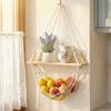 Solid Wood Wall Hanging Shelf Macrame Cotton Cord Net Basket Storage Shelf  for Home Decor