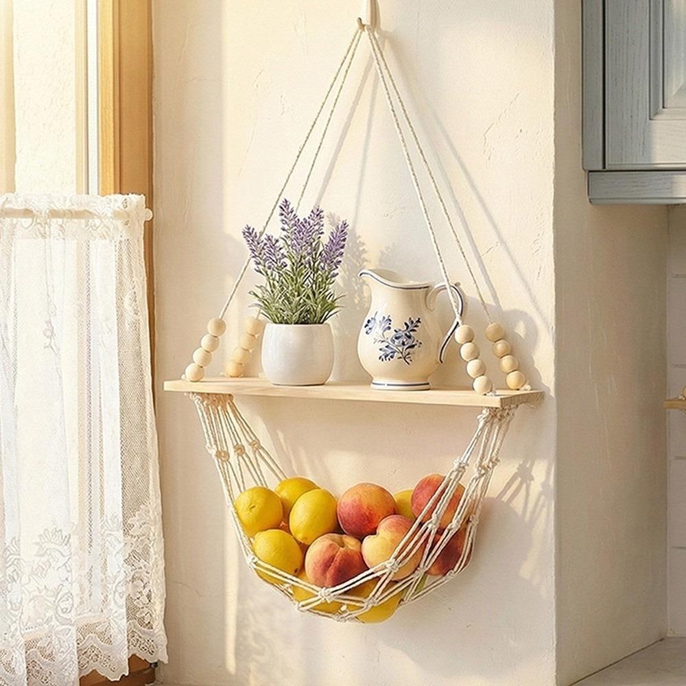Solid Wood Wall Hanging Shelf Macrame Cotton Cord Net Basket Storage Shelf for Home Decor