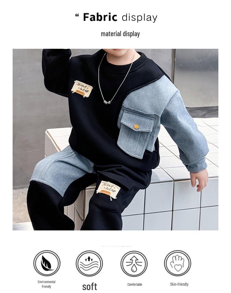 Spring Autumn 2025 Boys' Korean-Style Fleece Denim Set