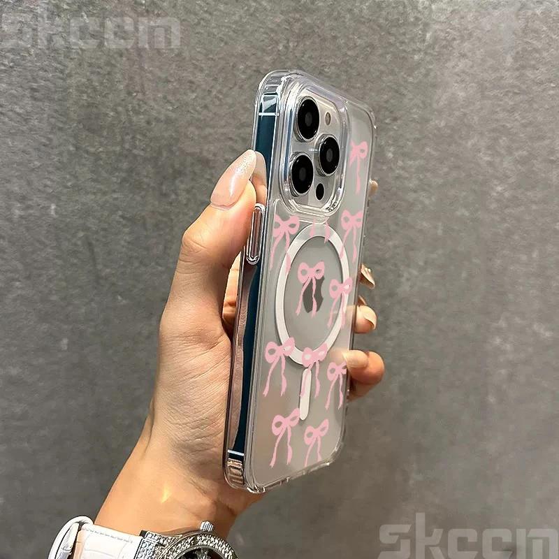 Pink Blue Bow Magsafe Magnetic Case For iPhone 16 15 14 13 12 11 Pro Max X XR XS 7 8 16 Plus Wireless Charging Clear Hard Cover