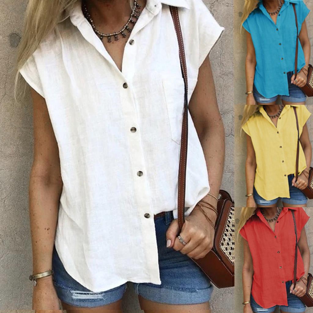 

Женские модные повседневные однотонные блузки из хлопка с короткими рукавами