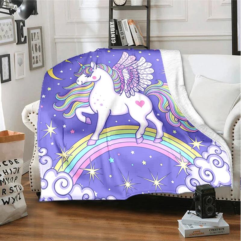 3D cartoon fantasy unicorn warm and soft linen blanket cover suitable for living room, bedroom, bed, sofa, hiking, leisure