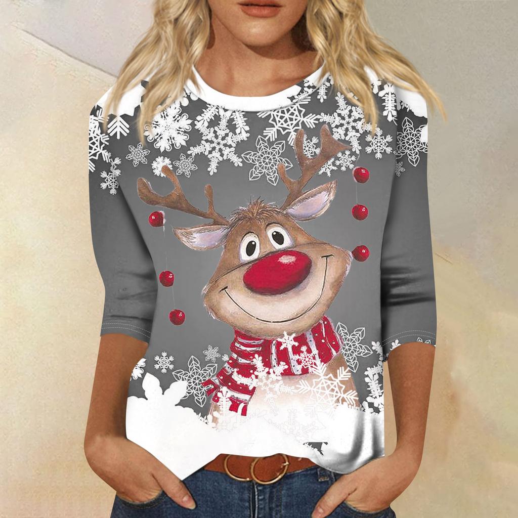 Mote Casual Rund Hals 3/4 Erme Løs Trykket T-skjorte Dame Topp