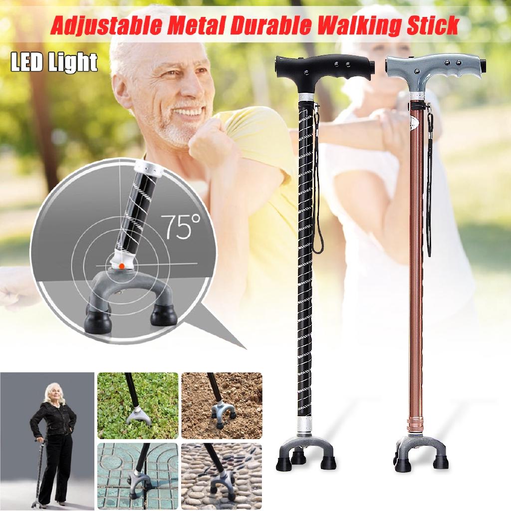 2 unidades Tira de luz LED Mango Metal 3 Pivotes Base Fiable Para Anciano Senderismo ABS Y Aluminio Plegable Ajustable Seguridad Bastón de Caminar Bastón