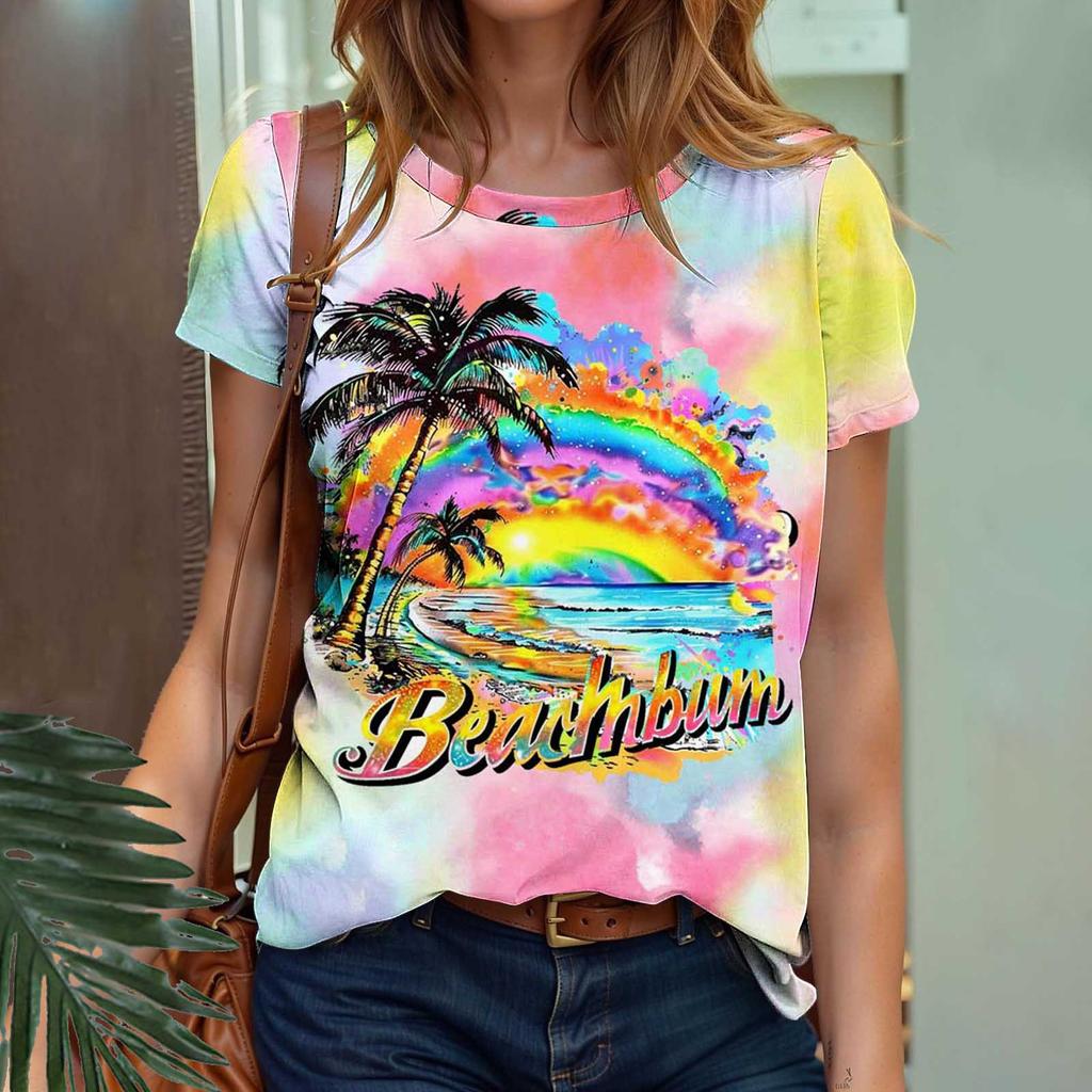 Summer Fruit Coconut Tree Gradient 3D Print Beach T-Shirts Short Sleeve O-Neck Women's T-shirts