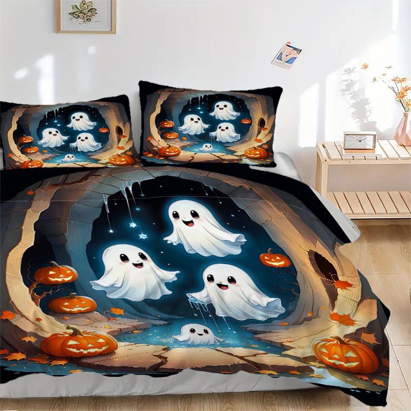 3pcs Cute Ghost Pumpkin Bedding Set - 1 Soft Quilt Cover + 2 Pillowcases, Machine Washable - Suitable for All Seasons, Perfect Gift for Fami