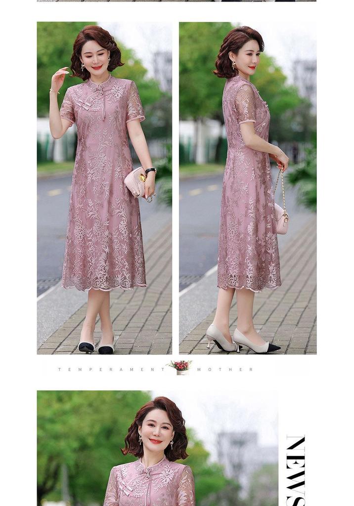 Retro Chinese Style Cheongsam Knee-Length Dress for Middle-Aged Women