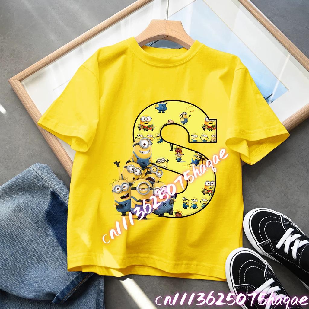 2026 Minions Letters AZ Tshirt Female Funny 26 Capital Print Tshirt Gothic Kawaii Neck Tops Summer Kawaii Gift Tops Boys