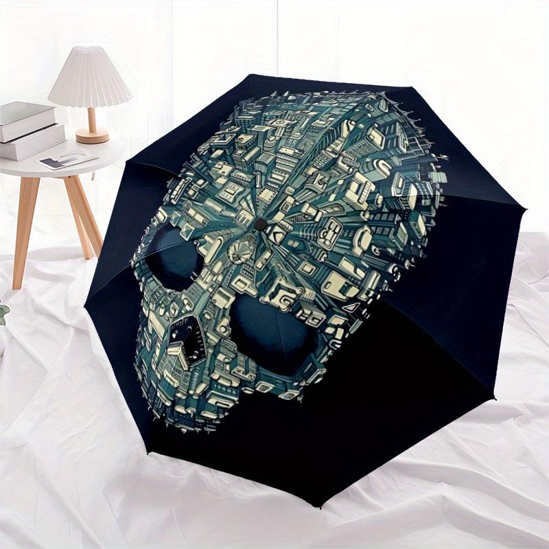 1pc Skull Cityscape Auto Open/close, All-Season Portable Folding Umbrella for Women & Men, Travel, Everyday, Formal Events - Compact Luxury Parasol, O