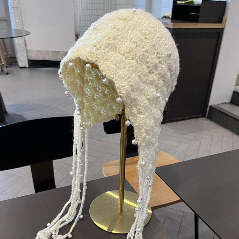 Pearl Tassel Pendant Red Hollow Wool Hat Women's Spring and Autumn Bohemian Style Knitted Pullover Hat