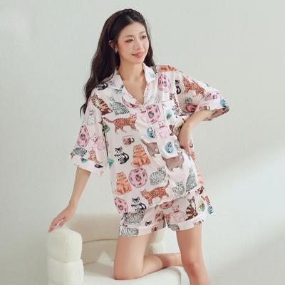 Pajamas Womens Cartoon Printed Ice Silk Thin Suit Short Sleeved Leisure Shorts High-end Home Clothes Worn for External Wear