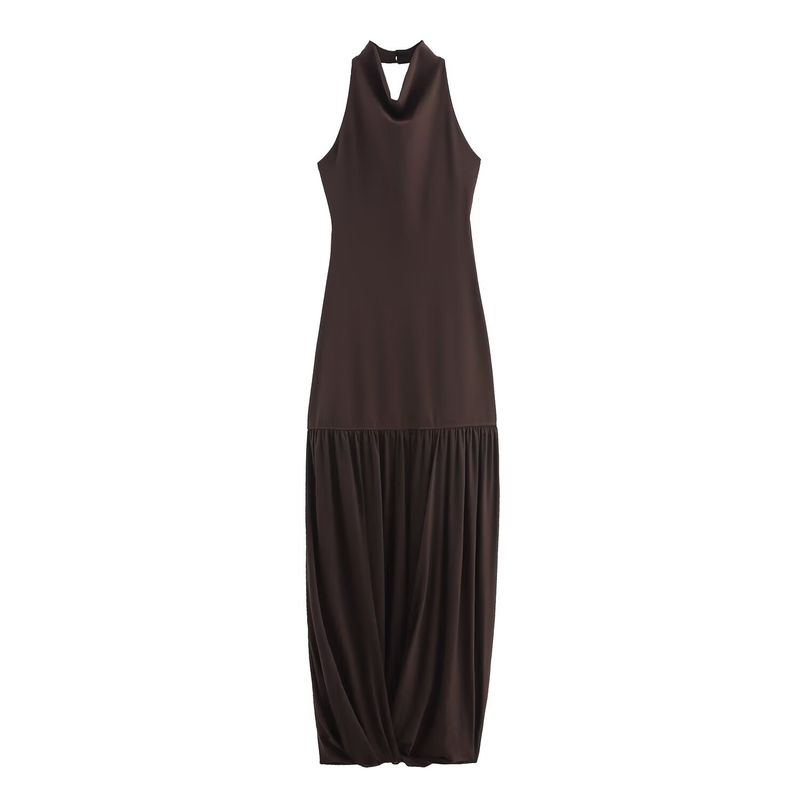 

Kaslead New Women clothes Western Style Fashion Patchwork Neck Collar Dress 1198453 Dark brown L