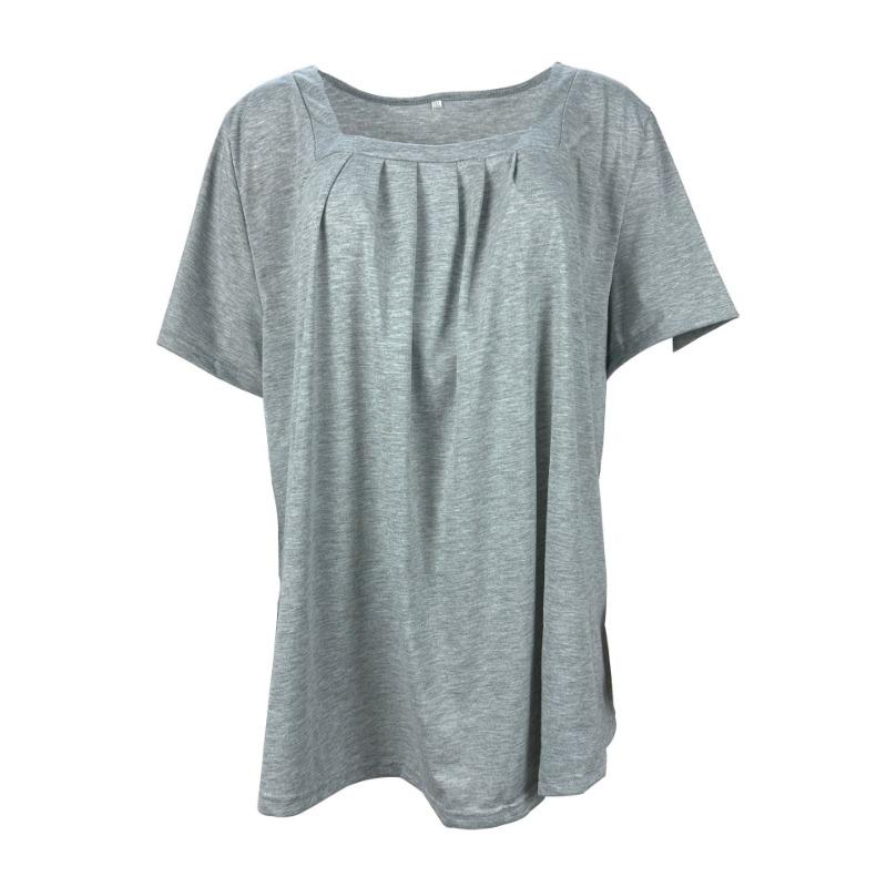T-shirt d'été à manches courtes pour femmes, plissé, à col carré, grande taille, couleur unie, haut ample, mode élégante pour le bureau, décontracté simple