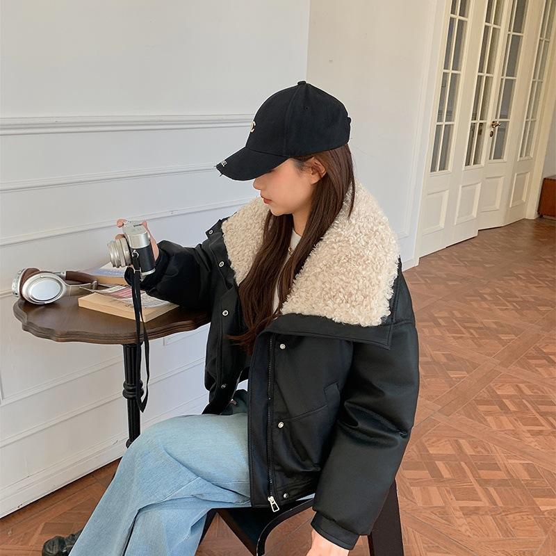 Fleece thickened short leather jacket lamb wool pu cotton clothes women's European and American coats winter new zipper hooded leather cotton clothes