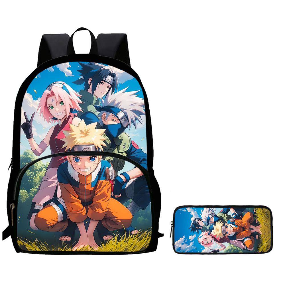 2Pcs Set Kids Backpack with Front Pocket & Pencil Bag, Cartoon NARUTO School Bags for Boys&Girls Aged 6-10, Durable& Lightweight