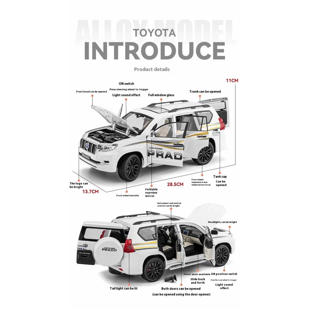 1/18 TOYOTA Land Cruiser Prado Off Road SUV Alloy Metal Car Model Diecasts Casting Sound and Light Car Toys for Children Vehicle