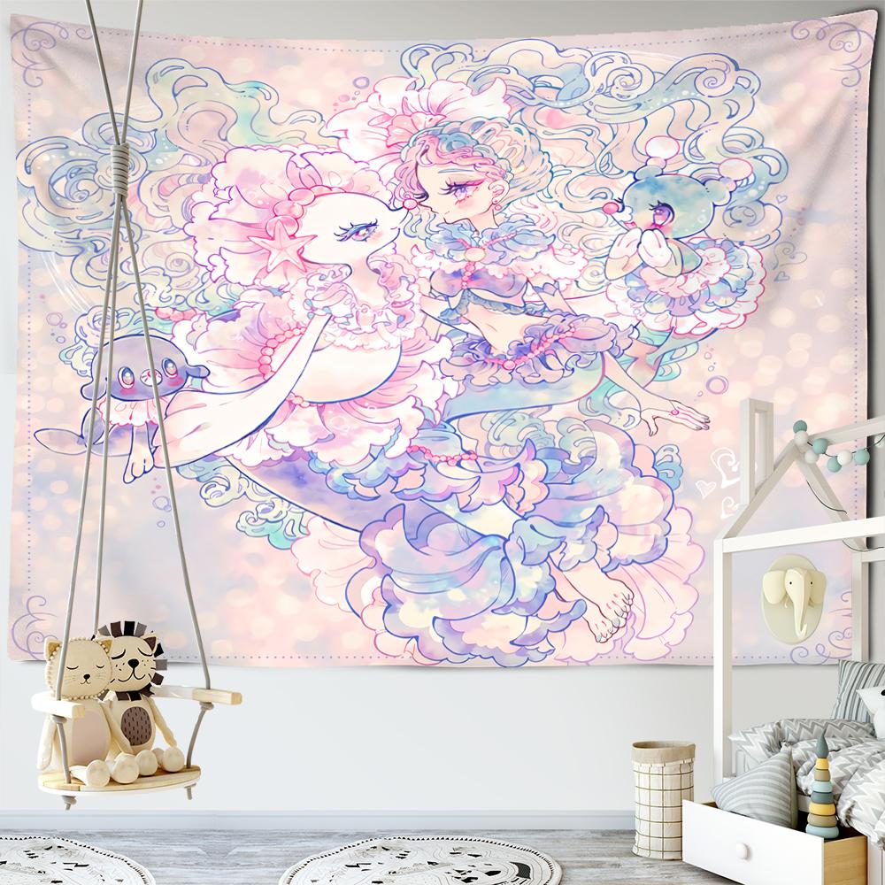 Cartoon Pink Anime Girl Tapestry Boho Kawaii Art Minimalistyczny Wiszący Na Ścianie Pokój Dziecięcy Wystrój Sypialni