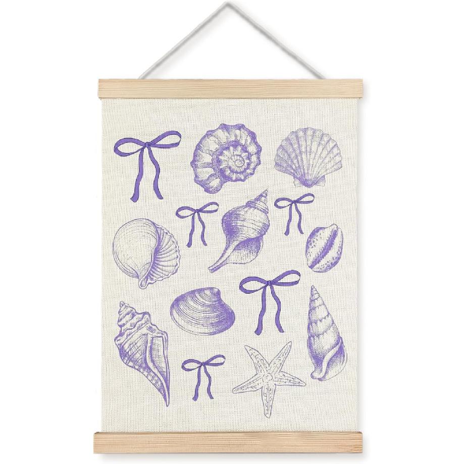 ignytiger Coastal Beach Seashell Wall Art Poster Framed, Ocean Beachy Room Decor Aesthetic, Blue Coquette Bow Seashell Canvas Wall Art Prints for