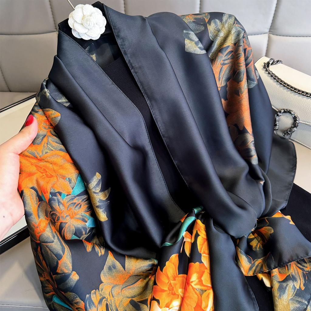 Print Large Shawl Wraps Black Scarf For Travel Women Luxury Brand Satin Headband Hijab Turban Foulard Summer Beach Stoles
