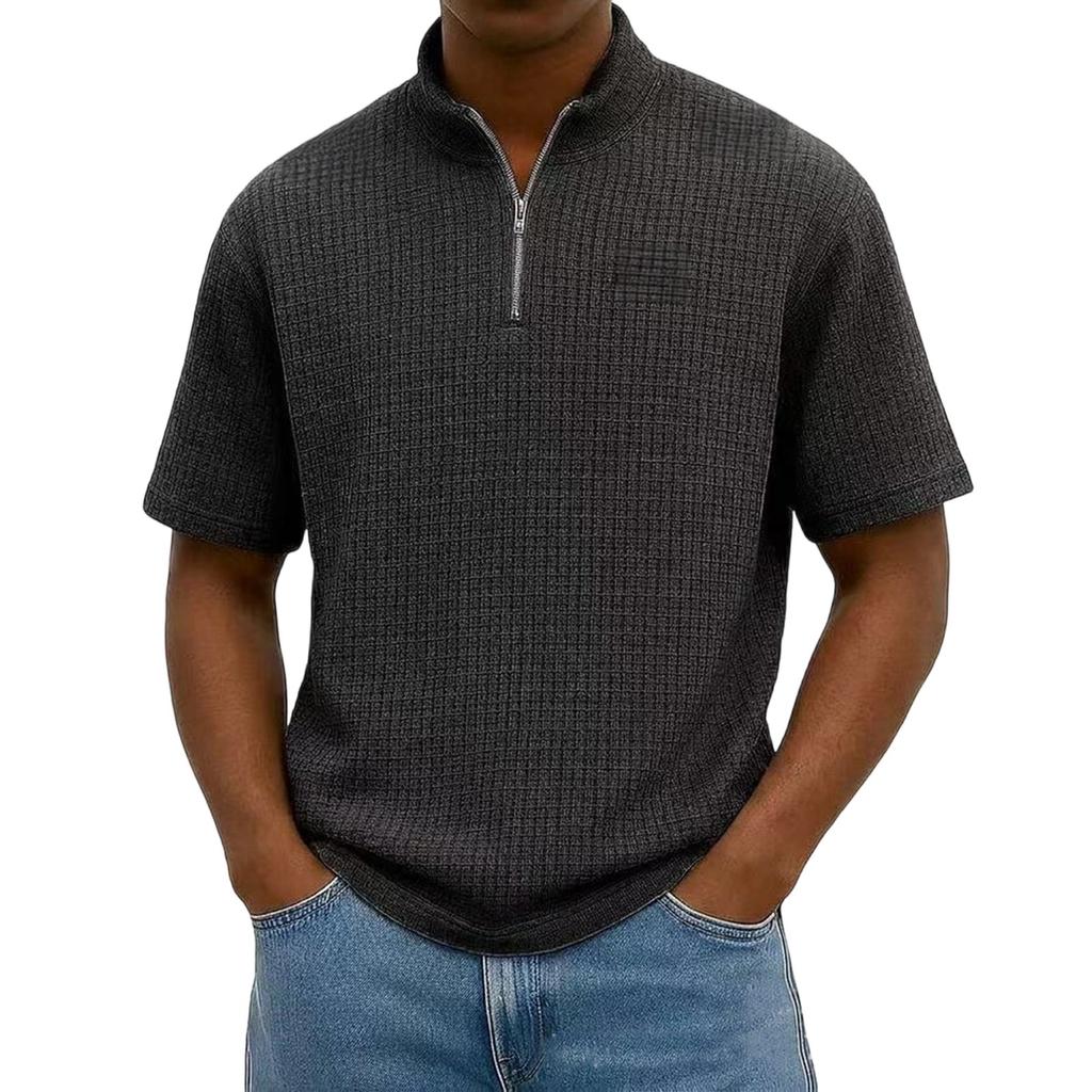 Men's Short Sleeve Half Zip Pullover Shirt Loose Fit Lightweight Casual Top with Stand Collar Suitable for Outdoor and Daily Wear