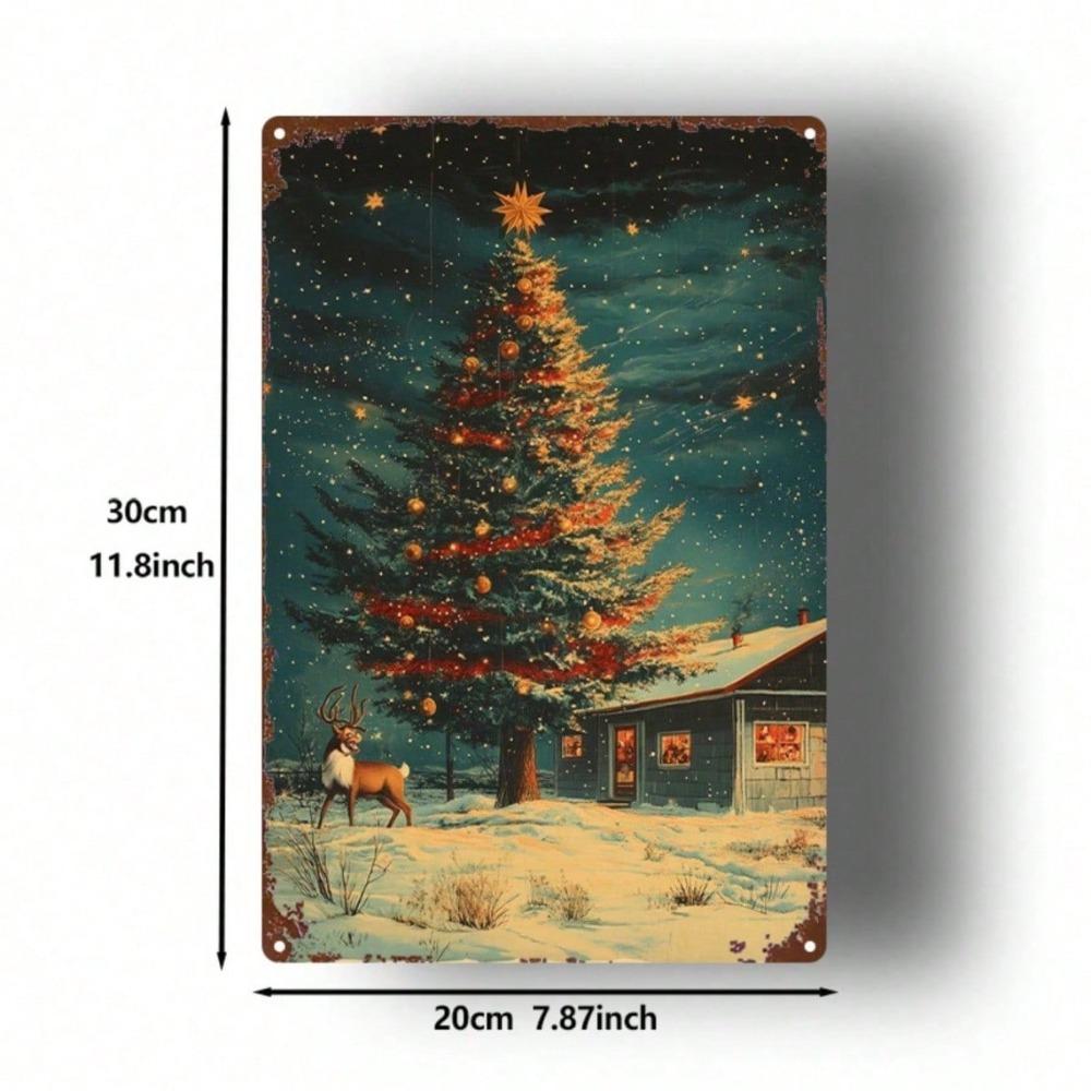 Vintage Christmas Tree & Reindeer Metal Sign, 8x12 Inch Tin Wall Decor for Home Office Bedroom
