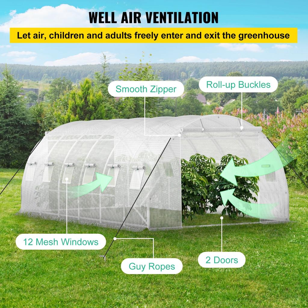 VEVOR Estufa Túnel Walk-in, 609,6 x 304,8 x 213,4 cm Estufa Portátil para Plantas com Arcos de Aço Galvanizado, 3 Vigas Superiores, 4 Hastes Diagonais