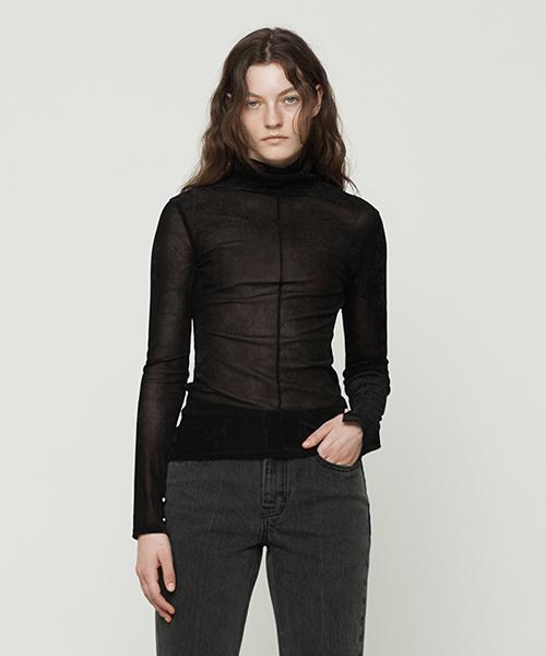 Актуальный бархатный сетчатый водолазка с длинным рукавом [Черный] Black/S