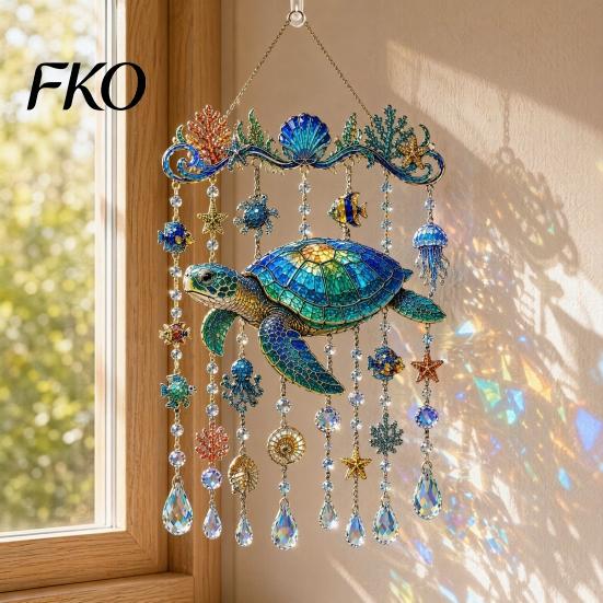 Tiffany-Glas-Stil Ornament Meeresbewohner Acryl-Fensteraufhänger, Buntglas Meeresschildkröte Wal Delfin Sonnenfänger Dekoration mit Kristallperlen &