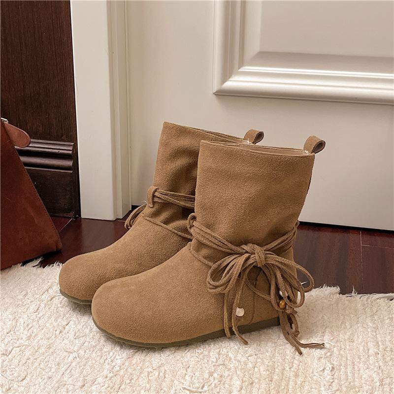 Fashion Women Ankle Boots Lace Up Shoes 2025 Autumn Fashion Suede Flat Bottom Casual Chelsea Short BotinesRetro Tassel Bow Botas Mujer