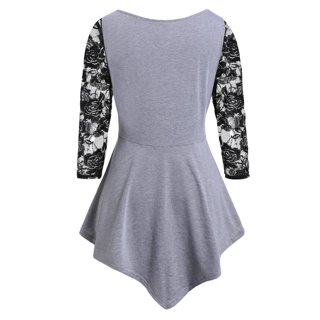 Plus Size Women Solid Floral Lace  Asymmetric Three Quarter Tops Blouse