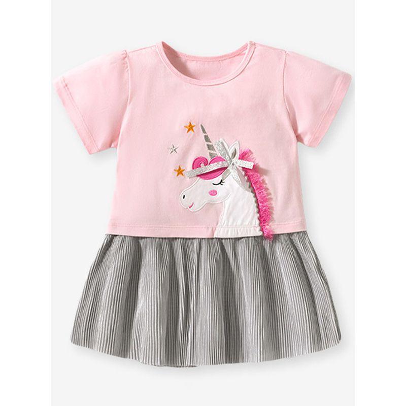 Girl Pink Pleated Dress Baby Short Sleeve Fashionable Skirt Children's Summer Clothing Children's Unicorn Princess Dress