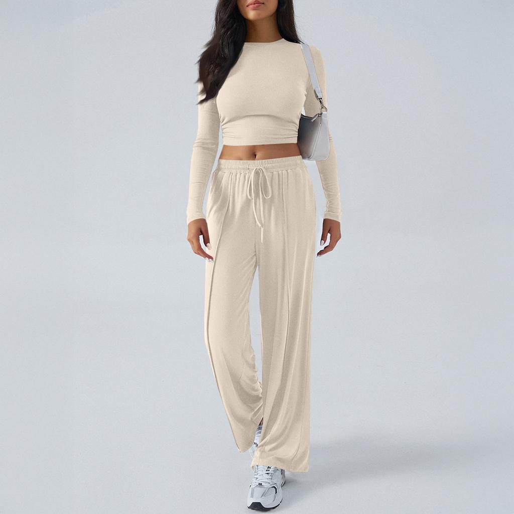 Women's 2 Piece Outfits Sets Ruched Long Sleeve Tops  Wide Leg Pants Tracksuit Sets