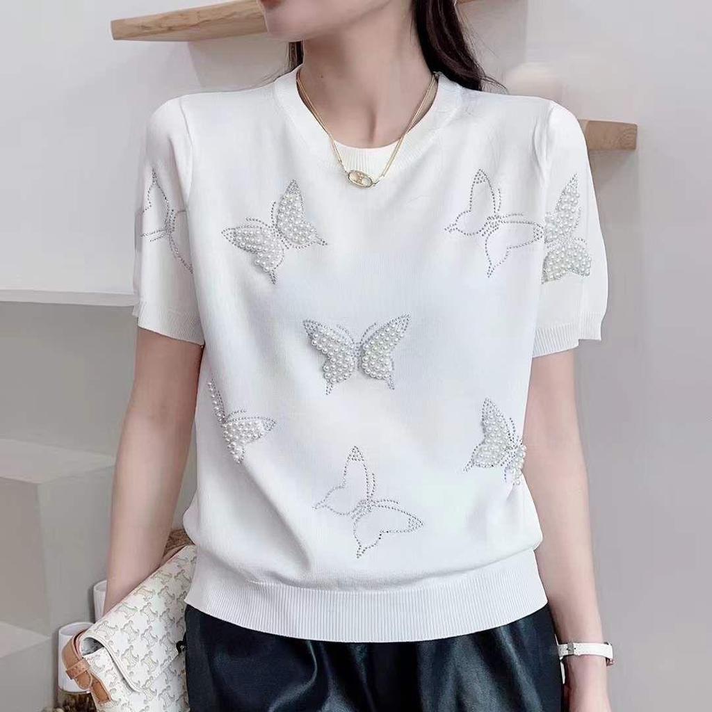 Women's Summer 2025 Butterfly Rhinestone Knitted Top - Ice Silk Short Sleeve, Versatile Round Neck T-Shirt