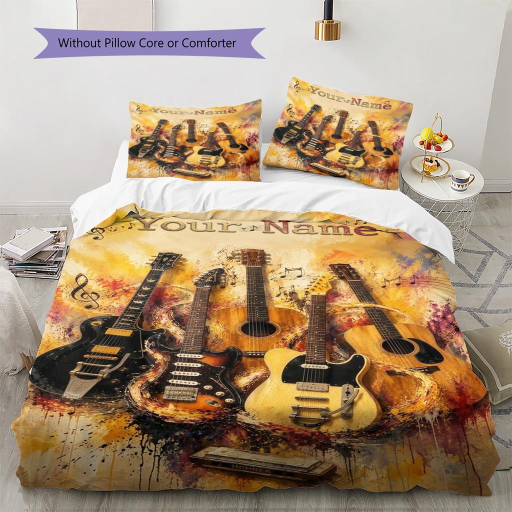 Name Custom Guitar Pattern Bedding Set Quilt Cover Pillowcase Home Decor Gift (1 * duvet cover + 2 * pillowcase, without core)