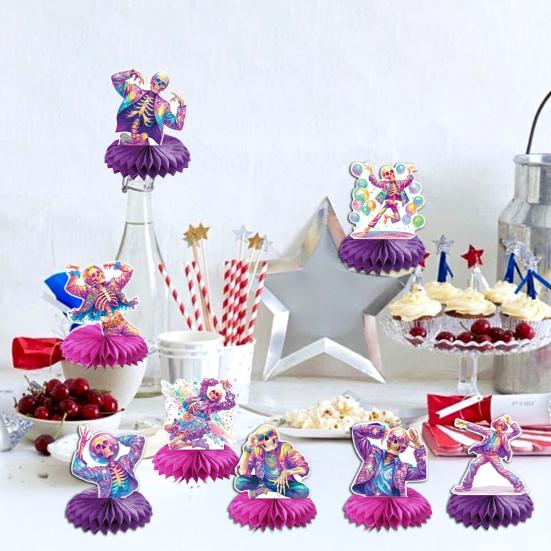 8 Pcs Halloween Disco Skeleton Honeycomb Centerpiece Glitter 80s Disco Skeleton Tabletop Honeycomb Ornament for Halloween Party Home Room Desk Decor