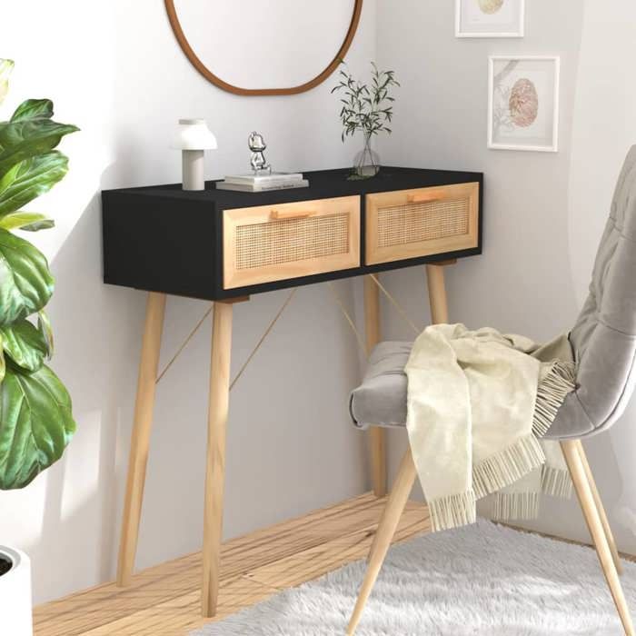 VidaXL Table console Noir 80x30x75 cm Bois massif pin /rotin naturel 345625