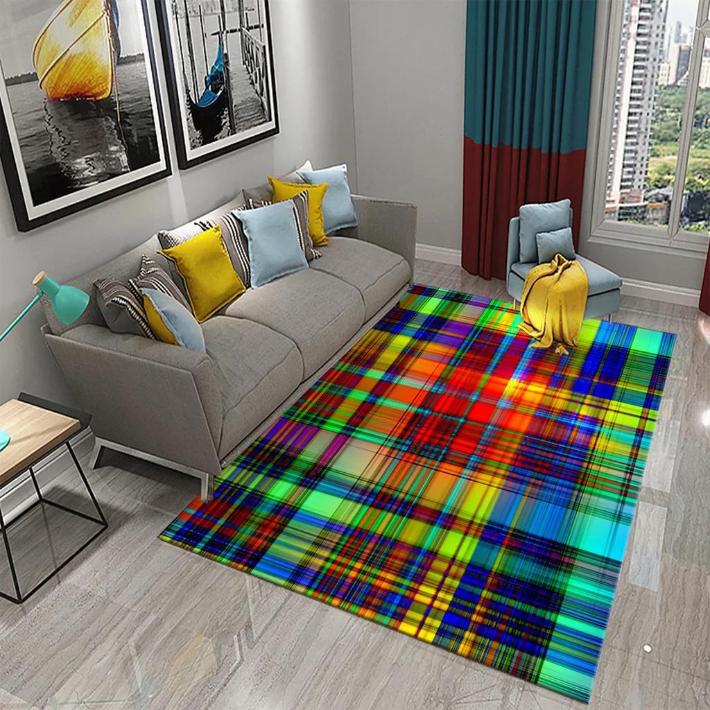 3D Retro Colorful Plaid Lines Carpet Colour Geometry Ethnic Style Rugs for Living Room Bedroom Decor Area Rugs Kitchen Floor Mat